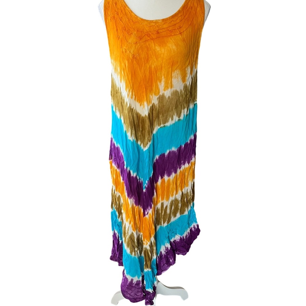 Boho Tie Dye Handkerchief Hem Maxi Dress Sleeveless Orange Purple Turquoise L